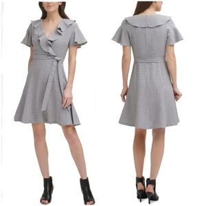 🆕️DKNY Gray Plaid Printed Ruffled-Neck Dress with Short Flutter Sleeves SZ 10